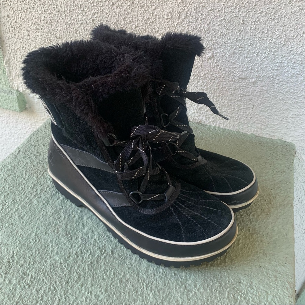 Sorel Tivoli Lace-Up All-Weather Boots Genuine Leather Faux Fur Black 11